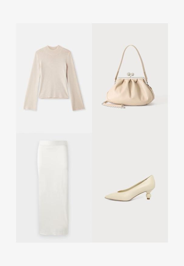 Suéter de cuello alto de manga larga en color beige claro, con una textura suave, silueta ajustada y cuello acanalado. Diseño simple, sin patrones ni acentos.; Falda blanca a la altura de la rodilla, fabricada en un tejido ligero y suave, con un diseño recto y una cintura elástica sencilla.; Zapato de mujer color crema con punta afilada y tacón bajo, con tacón redondo en forma de bola, sobre un fondo liso.; Bolso de mano de cuero suave beige con cierre de marco metálico plateado, una correa para el hombro y una correa de cadena opcional sobre un fondo blanco.