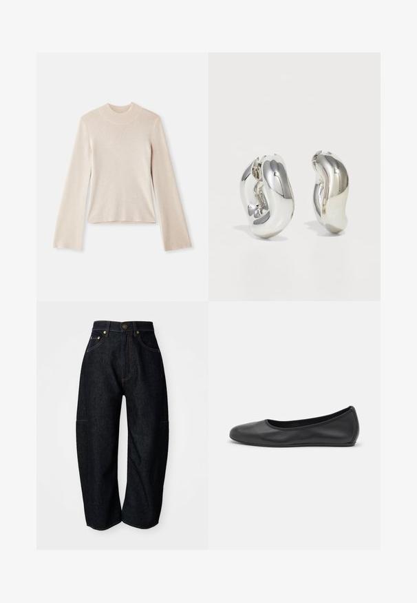 Pull en maille beige clair à manches longues et col roulé, avec une texture douce, une silhouette ajustée et un col côtelé. Design simple, sans motifs ni accents.; Jean en denim foncé à coupe décontractée, avec des coutures orange discrètes, des poches avant et une taille plate avec une fermeture à bouton.; Ballerines en cuir noir avec un bout rond, texture lisse, détails de couture minimalistes et design de semelle flexible.; Boucles d'oreilles sculpturales en argent avec des formes douces et courbes et des surfaces réfléchissantes. Présentent un design de boucle fermée et une forme organique distincte.