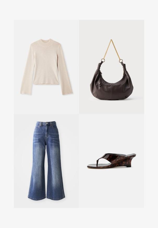 Lys beige langærmet polo sweater med en blød tekstur, tætsiddende silhuet og ribbet halsudskæring. Enkel design uden mønstre eller accenter.; Bredde ben denimjeans i mellemblå, med høj talje, fem lomme-design og kontraststing langs sømmene og siderne.; Dame kilehælssandal med skildpaddemønster, åben tå og T-rem, vist fra siden på hvid baggrund.; Blød, mørkebrun skuldertaske i læder med knyttede ender og en kort guldkæde som rem, mod en enkel lys baggrund.