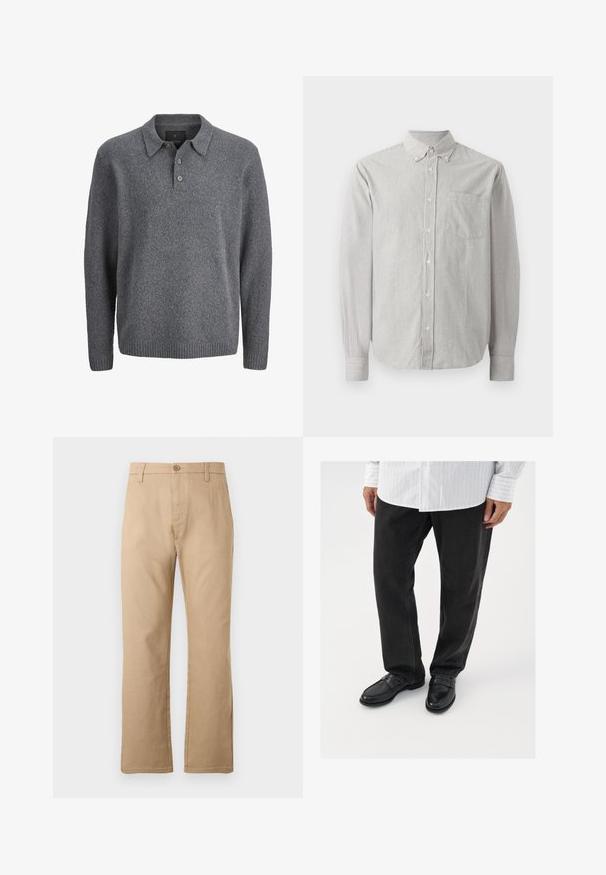 Grå strikket sweater med lange ærmer, ribstrikkede manchetter og kant, krave og tre-knaps åbning.; Stripet langærmet skjorte lavet af bomuld. Har en knap-ned krave, en brystlomme og manchetter med stribet detaljering.; Beige lige bukser lavet af en blanding af bomuldsstof. Har en frontknaplukning og to sidelommer med en glat tekstur.; Sorte denimbukser parret med skinnende sorte loafers. Skjorten er hvid med tynde lodrette striber, har lange ærmer og en knapkrave.