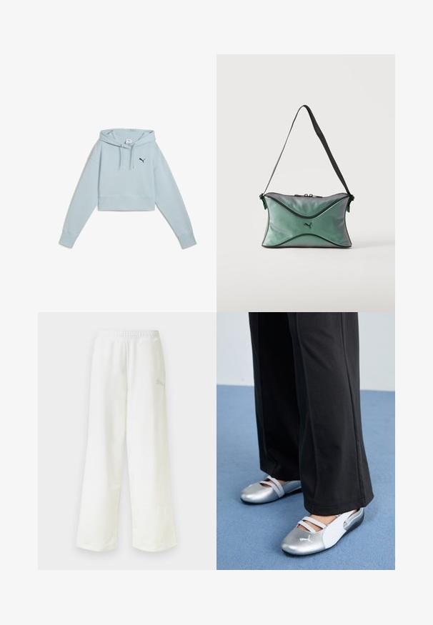 Haut de survêtement court bleu clair en tissu doux, doté d'une poche kangourou à l'avant, d'une capuche avec cordon de serrage et d'un logo marine sur la poitrine gauche.; Pantalon de survêtement blanc à coupe ample avec une taille élastique et un logo discret sur le côté de la cuisse droite.; Chaussures de sport argentées et blanches avec deux bandes croisées, finition semi-brillante et détails texturés, associées à un pantalon noir sur une surface bleue.; Petit sac d'épaule vert irisé avec bordure noire, sangle réglable noire, fermeture éclair et logo Puma au centre avant.