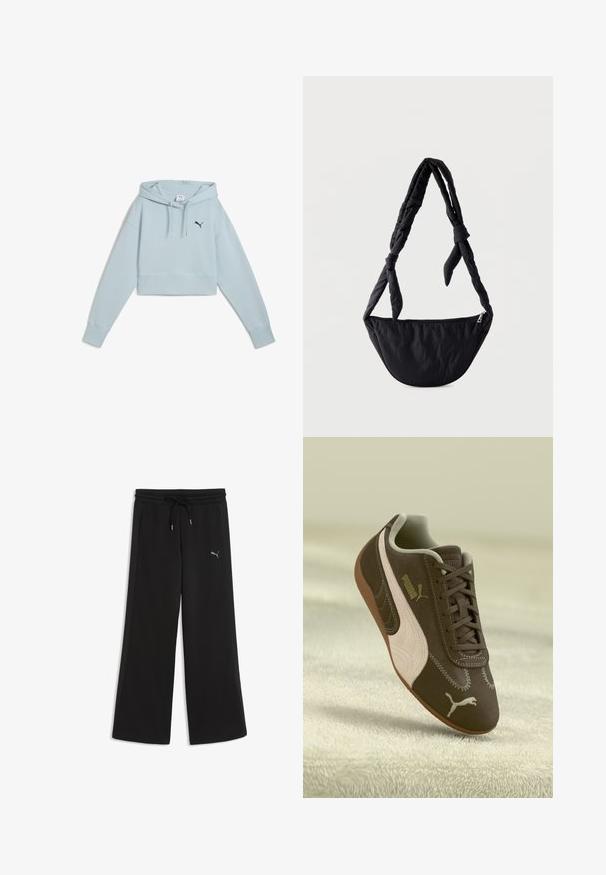 Sudadera corta azul claro de tejido suave, con un bolsillo tipo canguro en la parte frontal, capucha con cordón y logo en navy en el lado izquierdo del pecho.; Pantalones de chándal negros de pierna ancha con cintura elástica con cordón y bolsillos laterales, con un pequeño logo de Puma en el muslo derecho.; Zapatilla Puma marrón con raya y logo beige, atada, descansando sobre una superficie texturizada beige.; Bolso bandolera acolchado negro con forma de media luna y correa ajustable anudada, con cierre superior de cremallera.
