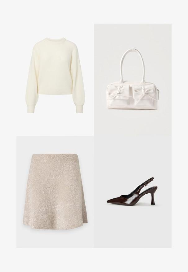 Cremefarvet langærmet striktrøje med ribbet rund hals, manchetter og kant.; Beige mini nederdel lavet af blødt, tekstureret stof med en let glans. Har en elastisk talje og en udvidet form.; Brune patenterede læderslingback-sandaletter med spids tå, en tynd hæl og justerbar rem med en lille spænde.; Hvid syntetisk håndtaske med to forlommer, hver med en bundet sløjfedetalje. Glat tekstur, afrundede håndtag og lynlås lukning.