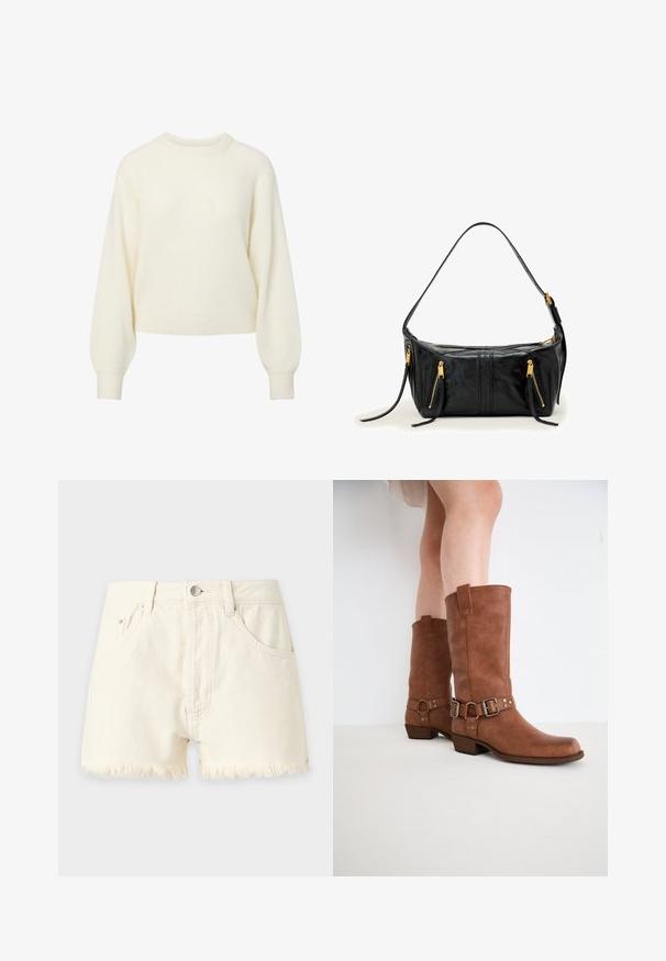 Suéter de punto de manga larga color crema con cuello redondo acanalado, puños y dobladillo.; Pantalones cortos vaqueros color marfil con bajo deshilachado, bolsillos delanteros, trabillas para el cinturón y cierre con botón metálico.; Botas de tobillo de cuero marrón con una puntera ligeramente puntiaguda, hebillas decorativas y un tacón bajo y apilado. Textura suave con un acabado mate.; Bolso de cuero negro con una correa para el hombro curva, dos bolsillos frontales con cremallera y detalles en dorado. Textura suave y forma estructurada.