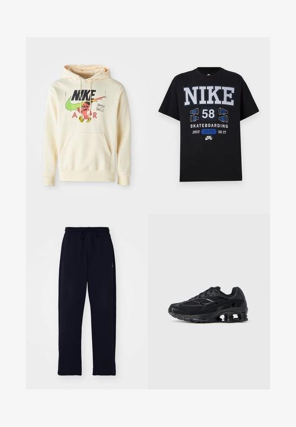 Hættetrøje i lys creme med et frontgrafik, der viser en karakter, Nike-logo og "AIR" tekst. Kængurulomme og ribbede manchetter.; Sort bomulds T-shirt med fed hvid og blå tekst, grafik til "Nike 58 Skateboarding," med rund hals og korte ærmer.; Sorte sweatpants lavet af blødt materiale. Har en elastisk talje med snoretræk og sidelommer. Lige ben design.; Sort atletiksko med mesh-overdel, polstret krave og markant støddæmpningsteknologi ved hælen. Har teksturerede detaljer og snørebånd.