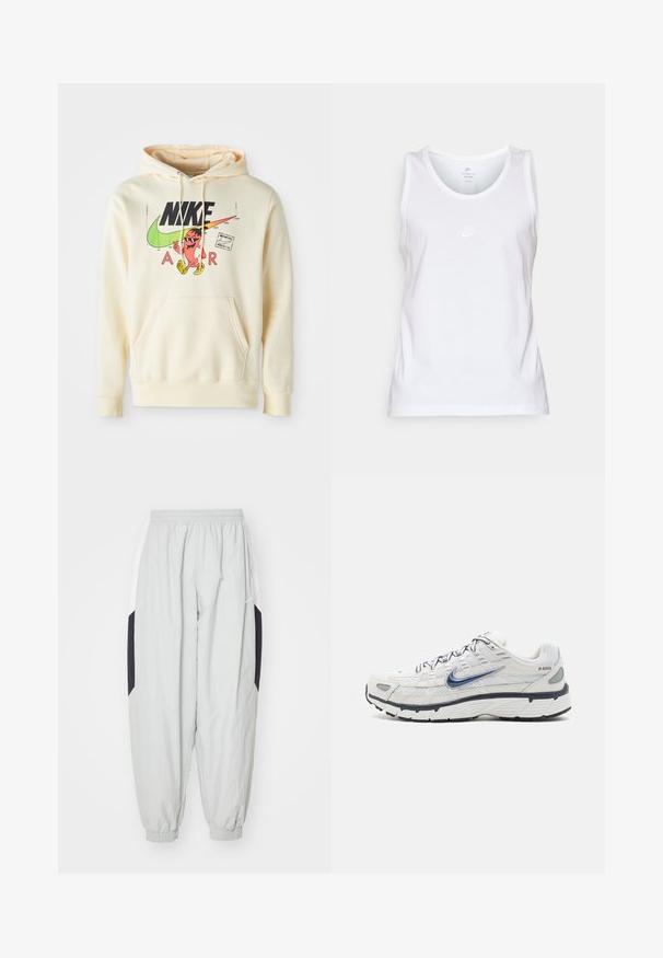 Hoodie in hellem Creme mit einem grafischen Druck auf der Vorderseite, der eine Figur, das Nike-Logo und den Text "AIR" zeigt. Kängurutasche und gerippte Bündchen.; Weißes Baumwoll-Tanktop mit rundem Ausschnitt, ärmellosem Design und kleinem, tonal gehaltenem Nike-Logo auf der Vorderseite. Glatte Textur.; Hellgraue Jogginghose aus leichtem Stoff, mit elastischem Bund und Bündchen, sowie kontrastierenden schwarzen und weißen Seiteneinsätzen.; Nike Sportswear P 6000 - Sneaker low - phantom/obsidian/summit white/white/black/metallic silver