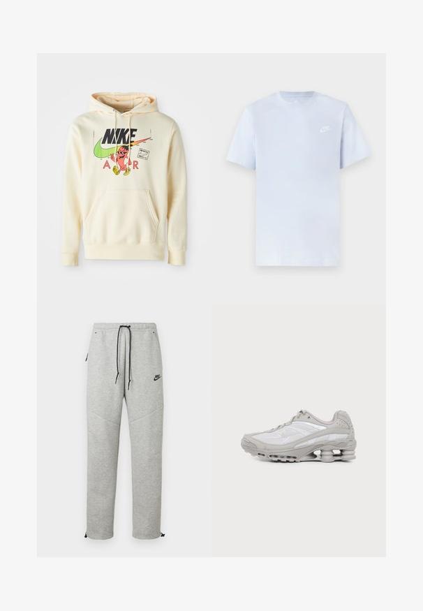 Kappu sweatshirt heled kreemiga, mille esifaasil on muster, mis sisaldab tegelast, Nike'i logo ja teksti "AIR". Tasku ees ja soonikkoes varrukad.; Hele sinine puuvillane t-särk lühikeste varrukatega, ümar kaelus ja valge Nike logo trükituna vasakul rinnal. Sile tekstuur, lihtne disain.; Hallid Nike spordipüksid, millel on nööriga vöökoht, küljetaskud ja elastsed mansetid. Omab siledat tekstuuri ja kontrastset musta logo detaili.; Hall-valge spordijalats nähtava õhkmadratsi ja võrgust detailidega, esitatud küljepildina lihtsal heledal taustal.