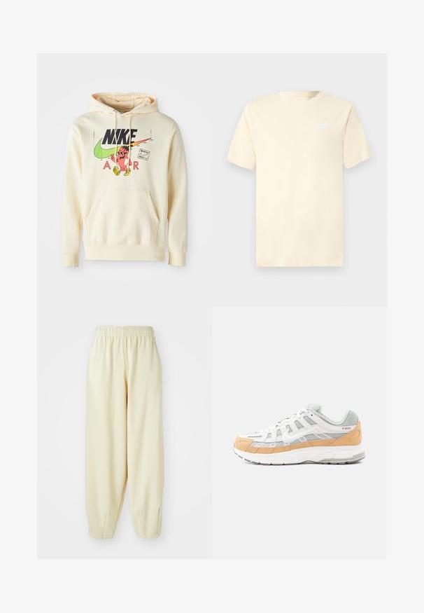 Lichtcrème hoodie met een vooraanstaand graphic van een karakter, Nike-logo en de tekst "AIR". Kangoeroezak en ribgebreide manchetten.; Licht crèmekleurig katoenen T-shirt met korte mouwen en een ronde halslijn. Heeft een klein wit Nike-logo aan de linkerkant van de borst.; Crèmekleurige sweatpants met een elastische tailleband, taps toelopende pijpen en een losse pasvorm. Gemaakt van zachte, lichte stof.; Witte en grijze sneakers met lichtoranje accenten, gemaakt van mesh en leer, met een gestructureerde zool en een geometrisch patroon aan de zijkanten.