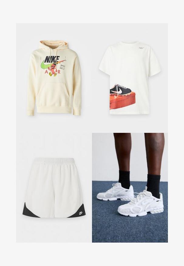Hoodie in hellem Creme mit einem grafischen Druck auf der Vorderseite, der eine Figur, das Nike-Logo und den Text "AIR" zeigt. Kängurutasche und gerippte Bündchen.; Weißes T-Shirt mit kurzen Ärmeln, darauf ein gedruckter schwarzer Nike-Fußballschuh auf einer abgenutzten roten Schuhschachtel in der Nähe des Saums und ein kleines Logo in der Nähe des Halsausschnitts.; Weiße Sportshorts mit elastischem Bund und schwarzen dreieckigen Einsätzen nahe den Beinöffnungen, mit einem weißen Nike-Logo auf der rechten Seite.; Weiße Sportschuhe mit Mesh-Obermaterial, strukturierten Akzenten und gepolsterter Sohle. Kombieirt mit schwarzen gerippten Knöchelsocken auf einer blauen Teppichoberfläche.