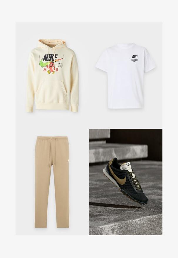 Kappu sweatshirt heled kreemiga, mille esifaasil on muster, mis sisaldab tegelast, Nike'i logo ja teksti "AIR". Tasku ees ja soonikkoes varrukad.; Valge lühikeste varrukatega Nike T-särk musta "Nike" logoga ja vasakul rinnal tekstiga "Authorized Personnel Only".; Beežid vabaajajooksupüksid elastse vöökoha ja nööridega, ülemisel vasakul reiel väikese valge Nike logoga.; Must ja kuldne Nike jooksujalats tekstuurse pealispinna ja mustriliste paeltega, hõljumas karest betoonpinnast ja treppidest kõrgemal.