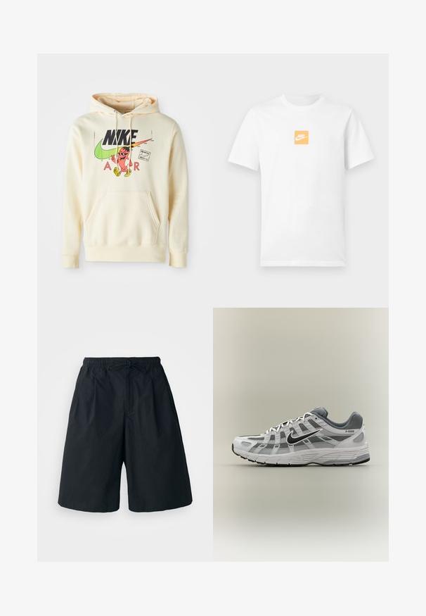 Mikina s kapucňou v svetlej smotanej farbe s prednou grafikou zobrazujúcou postavu, logom Nike a textom "AIR". Klokaní vrecko a pružné manžety.; Biele krátke bavlnené tričko s krátkym rukávom s malým oranžovým štvorcom na hrudi s bielym logom Nike a známym znakem swoosh.; Čierne šortky s elastickým pásom a nastaviteľným šnúrkovým uzáverom. Vyrobené z hladkej tkaniny, s voľným strihom a bez viditeľných vzorov.; Biela a sivá teniska Nike P-6000 s čiernym logom, sieťovinovými panelmi a štruktúrovanou podrážkou, zobrazená v bočnom profile na neutrálnom pozadí.