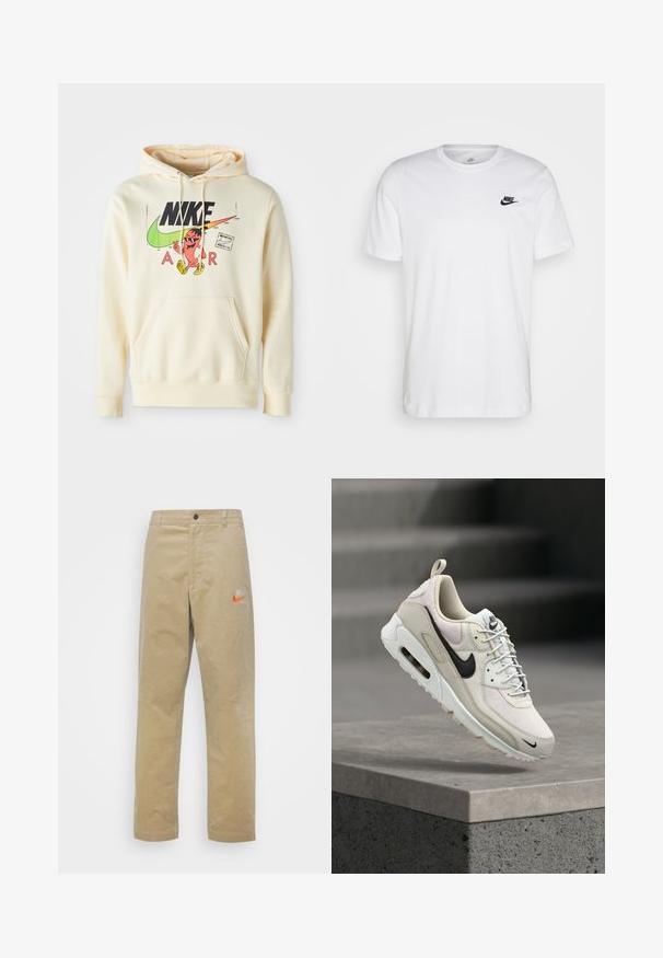 Hoodie in hellem Creme mit einem grafischen Druck auf der Vorderseite, der eine Figur, das Nike-Logo und den Text "AIR" zeigt. Kängurutasche und gerippte Bündchen.; Weißes Baumwoll-T-Shirt mit Rundhalsausschnitt, kurzen Ärmeln und einem schwarzen Nike-Logo auf der linken Brust. Einfaches, einfarbiges Design.; Nike Sportswear TREND PANT - Stoffhose - khaki/team orange/khaki; Beige-weißer Nike Air Max Sneaker mit schwarzem Swoosh-Logo, weißen Schnürsenkeln und sichtbarer Air-Dämpfungssohle, liegend auf einem Betonblock.