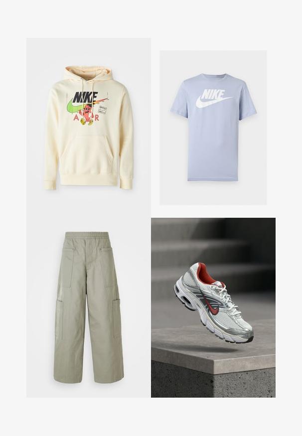 Mikina s kapucňou v svetlej smotanej farbe s prednou grafikou zobrazujúcou postavu, logom Nike a textom "AIR". Klokaní vrecko a pružné manžety.; Svetlomodré krátke bavlnené tričko s bielym logom Nike a grafikou Swoosh na hrudi, zobrazené na jednoduchom pozadí.; Voľné olivovozelené cargo nohavice s elastickým pásom, viacerými vreckami a hladkou textúrou. Zúženie šírky na leme.; Biely a strieborný bežecký topánka Nike s červenými akcentmi, ktorý visí nad betónovou hranou a ukazuje jeho bočné a podrážkové detaily.