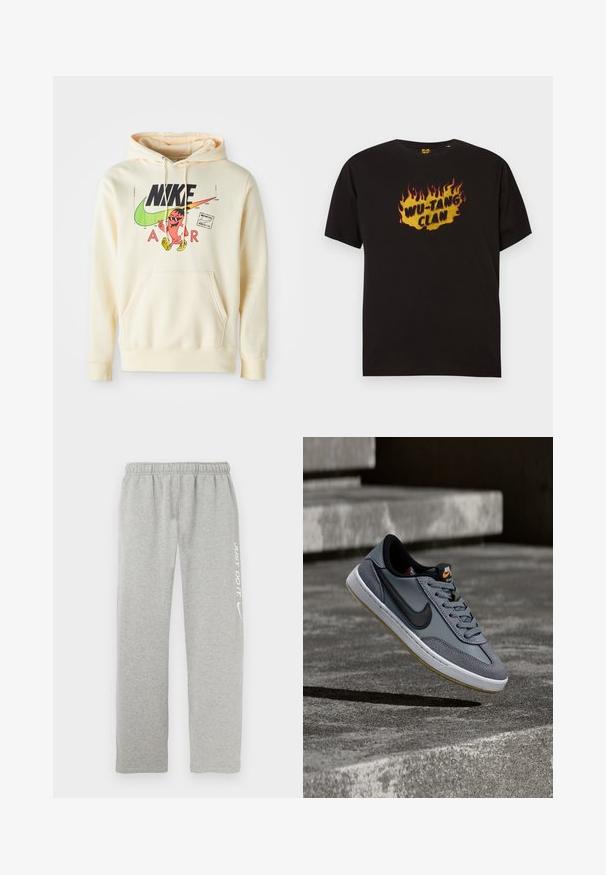 Kappu sweatshirt heled kreemiga, mille esifaasil on muster, mis sisaldab tegelast, Nike'i logo ja teksti "AIR". Tasku ees ja soonikkoes varrukad.; Mustmust t-särk, millel on leekide kujundus ja kollane tekst "WU-TANG CLAN", mis on keskel ees. Ümar kaelus ja lühikesed varrukad.; Hallid dressipüksid, mis on valmistatud pehmest materjalist, elastse vöökohaga. Ühel jalal on valge "JUST DO IT" tekst ja Nike lööklause logo.; Nike tossud hallis nahas ja seemisnahas, millel on must Swoosh-logo, valge vahetald ning tekstuuriga kummist tallaga, millel on pruunid aksendid.