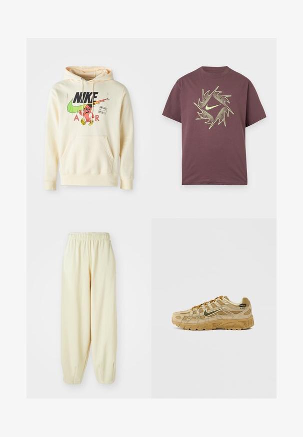 Hættetrøje i lys creme med et frontgrafik, der viser en karakter, Nike-logo og "AIR" tekst. Kængurulomme og ribbede manchetter.; Kortærmet bordeaux T-shirt med et abstrakt, neon gult, spidset cirkeldesign og en central swoosh-logo på brystet.; Cremefarvede sweatpants med elastisk talje, indsnævrede benmanchetter og løs pasform. Fremstillet af blød, letvægtig stof.; Beige sportssko med struktureret ruskind og meshpaneler, kontrasterende brune snørebånd og en robust gummisål. Har et fremtrædende logo.