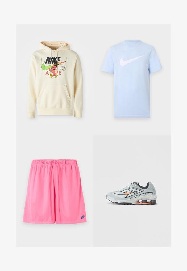 Hættetrøje i lys creme med et frontgrafik, der viser en karakter, Nike-logo og "AIR" tekst. Kængurulomme og ribbede manchetter.; Lyseblå T-shirt med korte ærmer og en stor hvid Nike swoosh-logo midt på forsiden mod en ensfarvet baggrund.; Lyserøde atletikshorts med elastisk linning og lille mørkeblå Nike-logo på venstre ben nederst.; Lyst grå løbesko med sorte detaljer, orange logo, mesh-overdel, polstret krave og gummisål med synlige stødabsorberende enheder.