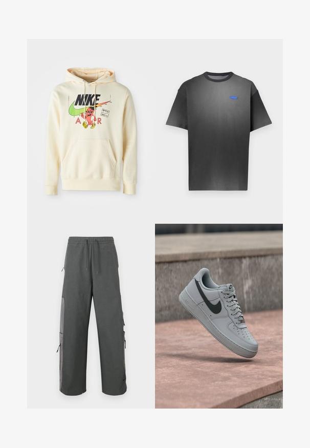 Kappu sweatshirt heled kreemiga, mille esifaasil on muster, mis sisaldab tegelast, Nike'i logo ja teksti "AIR". Tasku ees ja soonikkoes varrukad.; Hall halli lühikeste varrukatega T-särk, millel on õrn gradient, ümmargune kaelus ja väike sinine logo rinnal. Sile kangatekstuur.; Tumedat hallid vabaaja tööpüksid elastse vöökohaga, paelaga, küljetaskutega ja võrkkangasdetailidega, mis on lõdva ja mugava istuvusega.; Hall Nike Air Force 1 tossud musta Swoosh logoga, valge tallaga ja paeltega, õhus betoonpinna kohal.