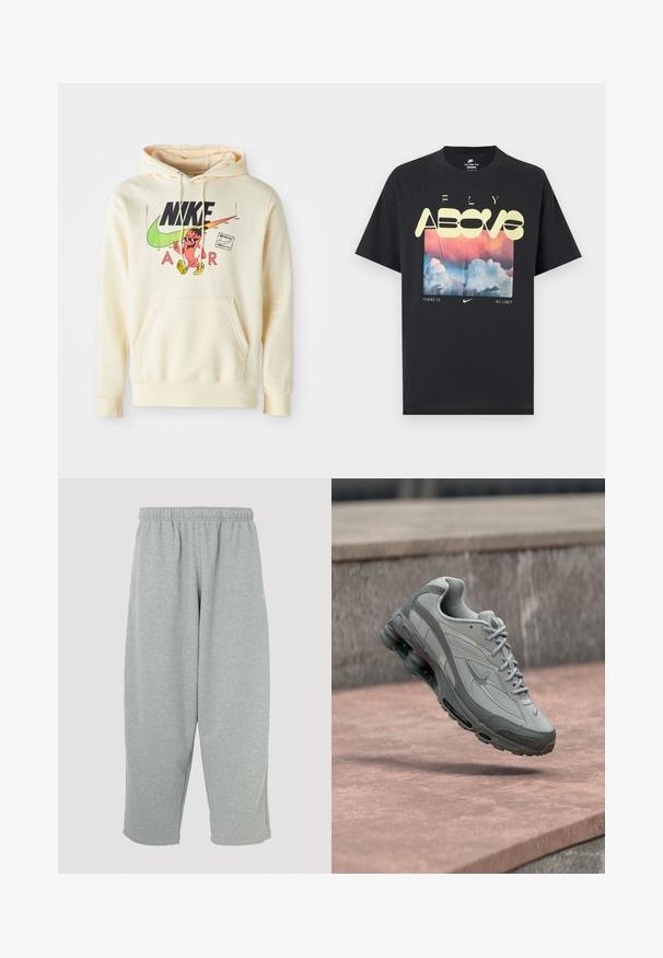 Hoodie in hellem Creme mit einem grafischen Druck auf der Vorderseite, der eine Figur, das Nike-Logo und den Text "AIR" zeigt. Kängurutasche und gerippte Bündchen.; Schwarzes Baumwoll-T-Shirt mit einem Motiv aus Wolken, einem rosa-blauen Himmel und auffälligem gelbem Text mit den Worten "FLY ABOVE" und "THERE IS NO LIMIT."; Hellgraue Jogginghose mit elastischem Bund, schmal zulaufendem Bein und weicher Textur. Keine sichtbaren Markenlogos oder Muster.; Grau-weißer Nike-Sneaker, der über einer Steinstufe schwebt, mit sichtbarer Luftdämpfung und strukturiertem Sohlenprofil.