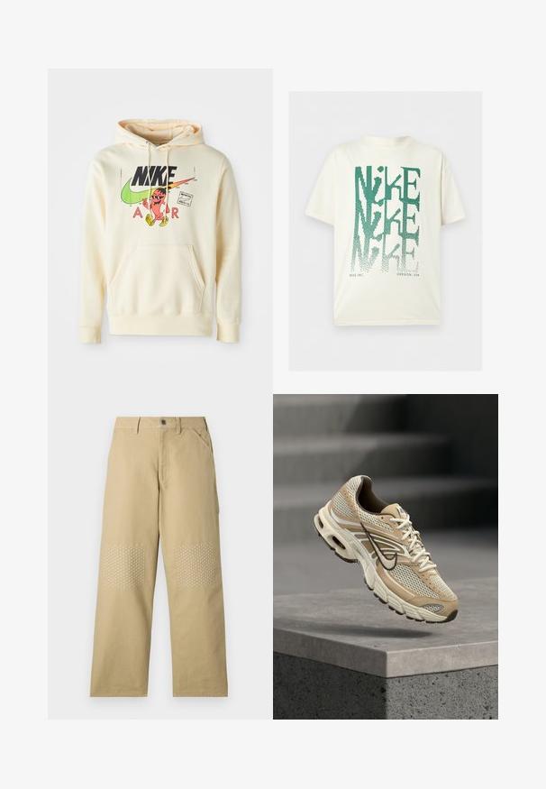 Lichtcrème hoodie met een vooraanstaand graphic van een karakter, Nike-logo en de tekst "AIR". Kangoeroezak en ribgebreide manchetten.; Wit T-shirt met korte mouwen met grote groene vervormde tekst "NIKE" verticaal gestapeld en kleine tekst "NIKE INC. OREGON, USA" onderaan.; Khaki katoenen broek met een recht pijpdesign, voorzien van witte kruissteekstiksels op de kniestukken en een sluiting met een knop aan de voorkant.; Beige en witte Nike hardloopschoen met mesh panelen en zwarte Swoosh, zwevend boven een betonnen richel met wazige trappen op de achtergrond.