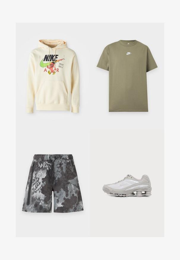 Sweatshirt à capuche en crème clair avec un graphique sur le devant représentant un personnage, le logo Nike et le texte "AIR". Poche kangourou et poignets côtelés.; T-shirt Nike manches courtes vert olive col rond avec logo blanc sur la poitrine sur un fond gris clair uni.; Shorts de sport pour hommes avec un motif camouflage abstrait gris et noir, taille élastique avec cordon de serrage, et poche latérale zippée.; Chaussure de sport grise et blanche avec des panneaux en mesh, un design à lacets et une semelle unique en forme de ressort pour amorti et soutien.
