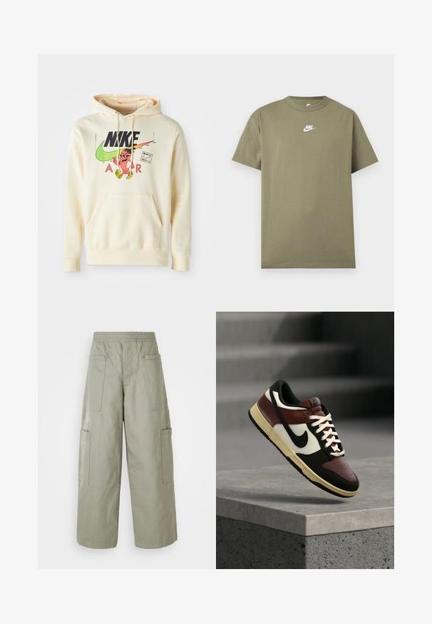 Kappu sweatshirt heled kreemiga, mille esifaasil on muster, mis sisaldab tegelast, Nike'i logo ja teksti "AIR". Tasku ees ja soonikkoes varrukad.; Oliviroheline lühikeste varrukatega Nike T-särk, valge logoga rinnal, hele hallil ühevärvilisel taustal.; Laiad, oliivrohelised cargo-püksid elastse vöökohtadega, mitme tasku ja sileda tekstuuriga. Kokkuklapitav laius allääris.; Madala säärega Nike toss mustas, pruunis, valges ja kreemjas värvitoonis, õhus positsioneeritud betoonserva kohal, taustal udune trepp.
