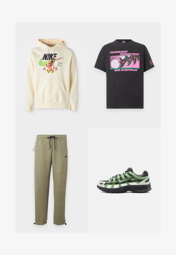 Sweatshirt à capuche en crème clair avec un graphique sur le devant représentant un personnage, le logo Nike et le texte "AIR". Poche kangourou et poignets côtelés.; T-shirt noir Nike avec un graphique rose représentant des crampons frappant un ballon de football, texte « Friendship Tournament » et « Nike Sportswear » sur le devant.; Pantalon de survêtement Nike vert olive avec cordons de serrage noirs, poche latérale zippée, renforts aux genoux et liens ajustables à la cheville.; Chaussure de course noir et blanc avec des accents verts, empeigne en mesh et semelle épaisse noire, vue de côté sur fond blanc.