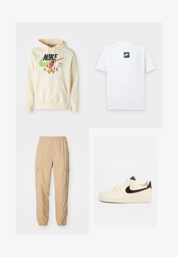 Hættetrøje i lys creme med et frontgrafik, der viser en karakter, Nike-logo og "AIR" tekst. Kængurulomme og ribbede manchetter.; Hvid Nike T-shirt med korte ærmer og et lille grønt firkantet logo med Nike swoosh og tekst centreret på brystet.; Beige cargo bukser lavet af letvægtsstof, med elastisk talje, to sidelommer og elastiske manchetter ved anklerne.; Beige lavskoet Nike Air Force 1 sneaker med sort swoosh-logo, beige snørebånd og beige sål på en neutral baggrund.