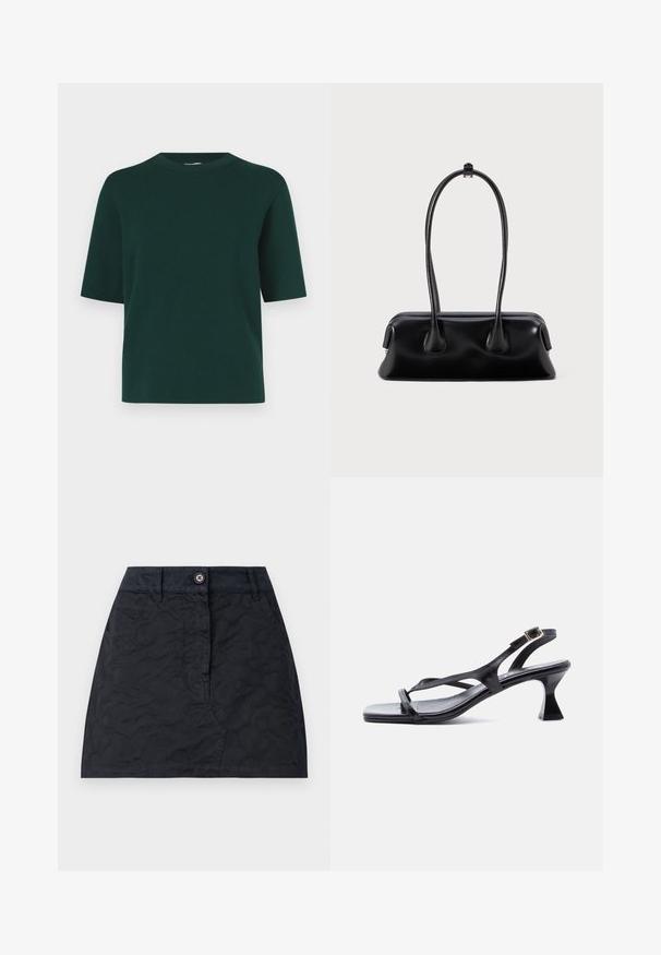 Chemise verte à manches courtes en tissu doux, avec un col rond et une coupe décontractée, sans motifs ni accessoires visibles.; Jupe noire à motif texturé, dotée d'une fermeture à boutons sur le devant, de deux poches et d'une coupe ajustée. Fabriquée en tissu durable.; Sandale femme en cuir noir avec fines lanières, bout carré, boucle de cheville réglable et talon mi-hauteur évasé.; Sac à main en cuir noir avec deux poignées allongées, une texture lisse et une base arrondie, ornée d'accents décoratifs sur les côtés.