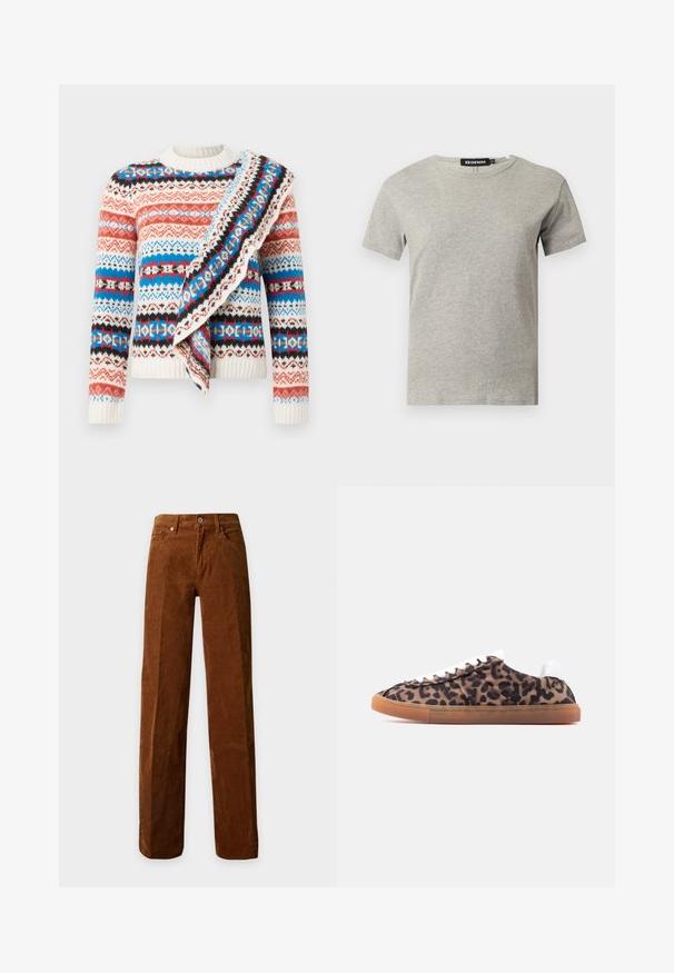 Pull en tricot à col rond, présentant des motifs multicolores en rouge, bleu et noir. Tissu texturé avec poignets et ourlet côtelés.; T-shirt en coton gris clair à manches courtes et col rond avec une étiquette noire visible à l'intérieur du col indiquant "DENIM" et la taille "S."; Pantalon en velours côtelé marron avec jambes droites, bouton, fermeture éclair et poches avant, présenté sur un fond clair uni.; Baskets basses avec empiècement en cuir imprimé léopard marron et noir, lacets blancs, languette de talon blanche et semelle extérieure en gomme translucide.