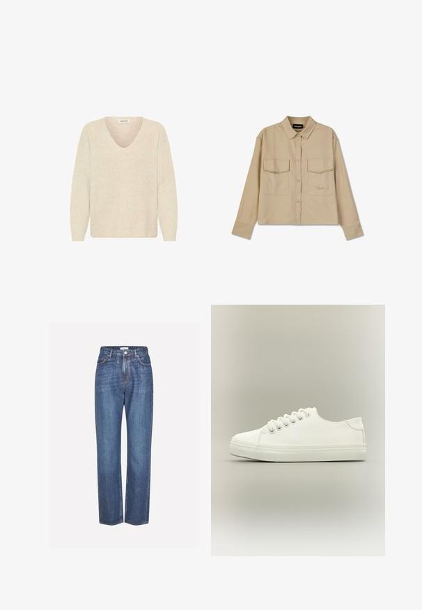 Suéter color crema con cuello en V, textura acanalada y mangas largas. Diseño sencillo, sin adornos y sin patrones o herrajes visibles.; Camisa de manga larga beige, hecha de una tela suave, con cierre de botones, dos bolsillos en el pecho y un dobladillo recto. Bordado sutil del logotipo en la parte delantera.; Vaqueros de denim azul claro con un diseño de pierna recta, que presentan un cierre de botón, un estilo de cinco bolsillos y un ligero desgaste en la tela.; Zapatilla blanca baja con cordones blancos y suela de goma mostrada desde vista lateral sobre un fondo neutro.
