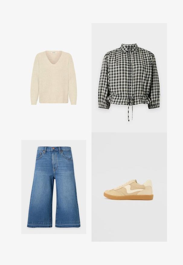 Pull crème avec un col en V, texture côtelée et manches longues. Design simple, sans embellissements ni motifs visibles.; Blouse à carreaux noirs et crème avec un col chemise, fermeture par boutons et taille élastiquée avec cordon de serrage. Manches longues avec poignets.; Short en denim bleu longueur genou avec poches avant et fermeture à boutons sur un fond uni clair.; Sneaker beige avec des matériaux en daim et en maille, forme arrondie, col rembourré proéminent et semelle en caoutchouc gomme. Présente un accent de design en forme de vague.