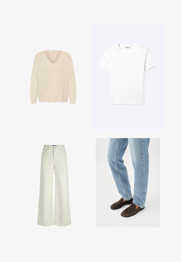 Cremefarvet sweater med V-hals, ribbet struktur og lange ærmer. Enkel design, udekoreret uden synlige mønstre eller hardware.; Ensfarvet hvid t-shirt med korte ærmer og rund halsudskæring med en lille "WEEKDAY" label indeni halskanten, vist fladt på en lys baggrund.; Hvide vidde cowboybukser med foran knap- og lynlås-lukning, bæltestropper og lommer foran og bagpå.; Brune ruskinds slip-on sko med en glat tekstur, der har en rundet tå og minimal syning, kombineret med lyseblå denimjeans.