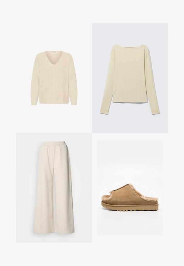 Cremefarvet sweater med V-hals, ribbet struktur og lange ærmer. Enkel design, udekoreret uden synlige mønstre eller hardware.; Beige langærmet tætsiddende top med bådudskæring, vist fladt på en lys baggrund.; Højtsiddende, vide bukser i lysebeige stof. Har en elastisk talje og sidelommer. Blød tekstur med et afslappet design.; Beige ruskind slip-on sutsko med blødt fleecefor og gummisål, med et side-UGG-logo på en ens hvid baggrund.