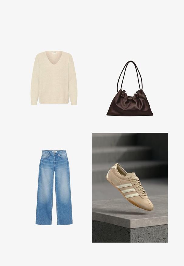 Cremefarvet sweater med V-hals, ribbet struktur og lange ærmer. Enkel design, udekoreret uden synlige mønstre eller hardware.; Lyseblå jeans med vide ben lavet af denim, med høj talje, subtil falmet effekt og klassisk fem-lomme-design med kobberdetaljer.; Lysebeige sneaker med tre hvide vandrette striber, overdel i ruskind og en gummisål, med en logo på siden.; Blød mørkebrun læderhåndtaske med en slasket form og to tynde skulderstropper mod en hvid baggrund.