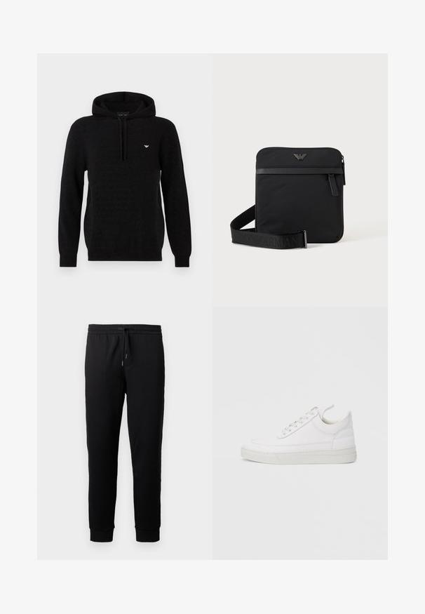 Sweat à capuche noir en tissu texturé, avec une poche kangourou à l'avant, une capuche à cordon de serrage, et un logo doré sur la poitrine.; Pantalons de jogging noirs en tissu doux avec une taille élastique et un cordon de serrage. Présente des jambes fuselées avec des poignets côtelés.; Baskets en cuir blanc avec un embout arrondi, une semelle plate et un laçage à l'avant. Présentent des détails de couture et un col rembourré pour plus de confort.; Sac bandoulière carré noir avec fermeture éclair, poche avant et sangle réglable avec nom de marque embossé.