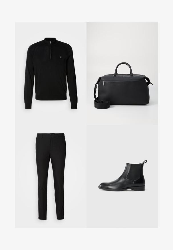Sort striktrøje med halv-zip krave, ribbede håndled, teksturerede skulderdetaljer og et lille logo på brystet.; Sorte bukser med slim fit, der har en knaplukning, lynlås og to forlommer. Glat stof med mat overflade.; Sorte læder ankelstøvler med elastiske sidepaneler, rund tå og en trækloft. Glat tekstur, flad sål, minimalistisk design.; Sort læder duffel taske med to top hanke, en aftagelig skulderrem og en lynlåslomme foran til ekstra opbevaring.
