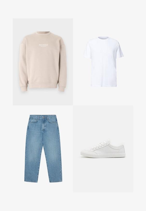 Beige sweatshirt gemaakt van zachte stof met een ronde hals. Voorzien van witte tekstlogo op de borst en ribgebreide manchetten en zoom.; Effen witte T-shirt met korte mouwen en een gewone ronde hals, met een relaxte pasvorm, weergegeven op een witte achtergrond.; Lichtblauwe denim jeans met een rechte pijp, vijfzakkenontwerp en een licht verweerde look. Voorzien van een knoop- en ritssluiting.; Witte sneakers met een glad leren bovenwerk, ronde neus, platte rubberen zool en zes oogjes voor veters. Subtiele stikseldetails, minimalistisch ontwerp.