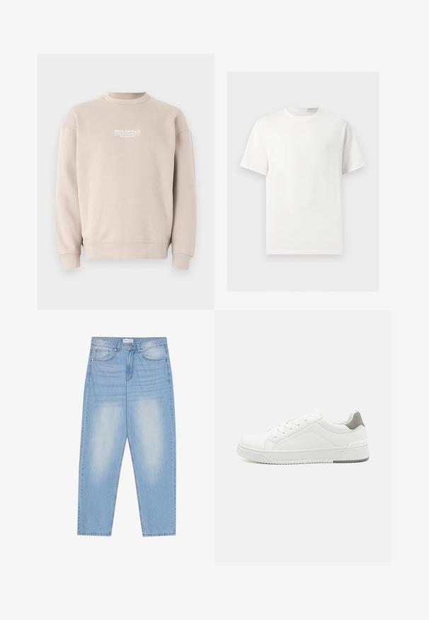 Beige Sweatshirt aus weichem Stoff mit einem Rundhalsausschnitt. Mit weißem Textlogo auf der Brust sowie gerippten Bündchen und Saum.; Ein einfaches weißes T-Shirt mit kurzen Ärmeln und Rundhalsausschnitt, dargestellt auf einem hellgrauen Hintergrund.; Hellblaue Denim-Jeans mit lockerer Passform, die über fünf Taschen, dezente Ausbleichungen und Nähte entlang der Säume verfügen.; Weißer Sneaker aus glattem Leder, runde Zehenpartie, minimalistisches Design, graue Fersenkante und strukturierte Gummisohle.