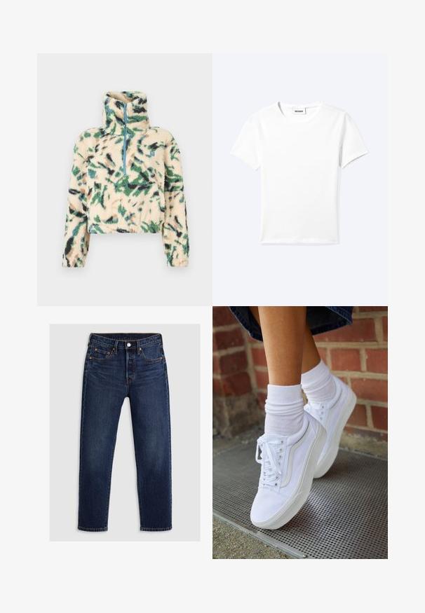 Pull polaire avec col montant et demi-fermeture éclair en crème, présentant des motifs abstraits verts, noirs et marron. Surface douce et texturée.; T-shirt blanc uni à manches courtes et col rond avec une petite étiquette "WEEKDAY" à l'intérieur de l'encolure, présenté à plat sur un fond clair.; Jean en denim bleu foncé avec une coupe droite. Comprend une fermeture éclair avec un bouton, cinq poches et des coutures contrastantes.; Baskets en toile blanches avec semelles en caoutchouc, dotées de six œillets, d'un bout rond et de détails de couture légers, portées avec des chaussettes blanches mi-mollet.