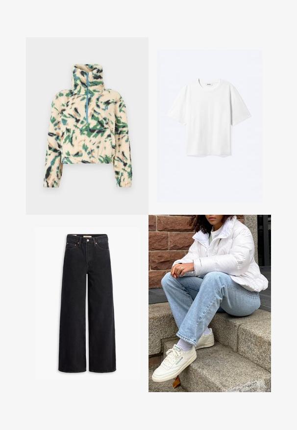 Pull polaire avec col montant et demi-fermeture éclair en crème, présentant des motifs abstraits verts, noirs et marron. Surface douce et texturée.; T-shirt blanc à manches courtes avec col rond et ourlet droit, étiquette de marque "WEEKDAY" à l’intérieur de l’encolure.; Jean noir à jambe large en denim, comportant cinq poches, des rivets en laiton et une fermeture à bouton classique. Texture lisse avec un design épuré.; Doudoune blanche avec un col haut, jean en denim bleu clair et baskets blanches Reebok. Escaliers en pierre texturée en arrière-plan.