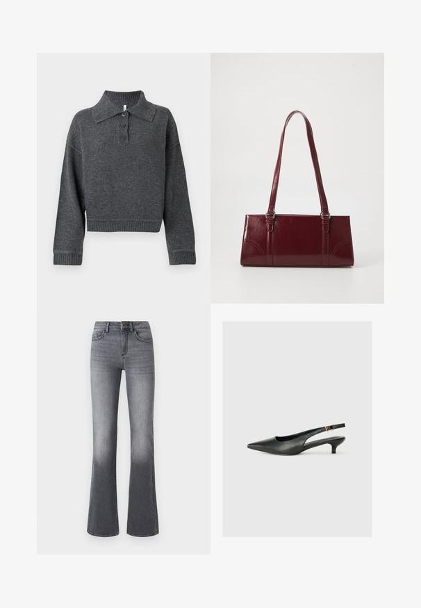 Pull en maille gris foncé avec un col à revers, trois boutons, et des poignets et un ourlet côtelés. Présente une silhouette courte et une texture douce.; Jean flare taille haute en denim gris foncé, avec poches frontales, fermeture à bouton et légère décoloration vers l'ourlet.; Chaussure slingback noire à bout pointu en cuir lisse. Présente un talon fin et un détail de boucle sur la sangle réglable.; Sac à main bordeaux en matériau brillant, de forme rectangulaire, avec deux anses et des accents légèrement courbés à l'avant.