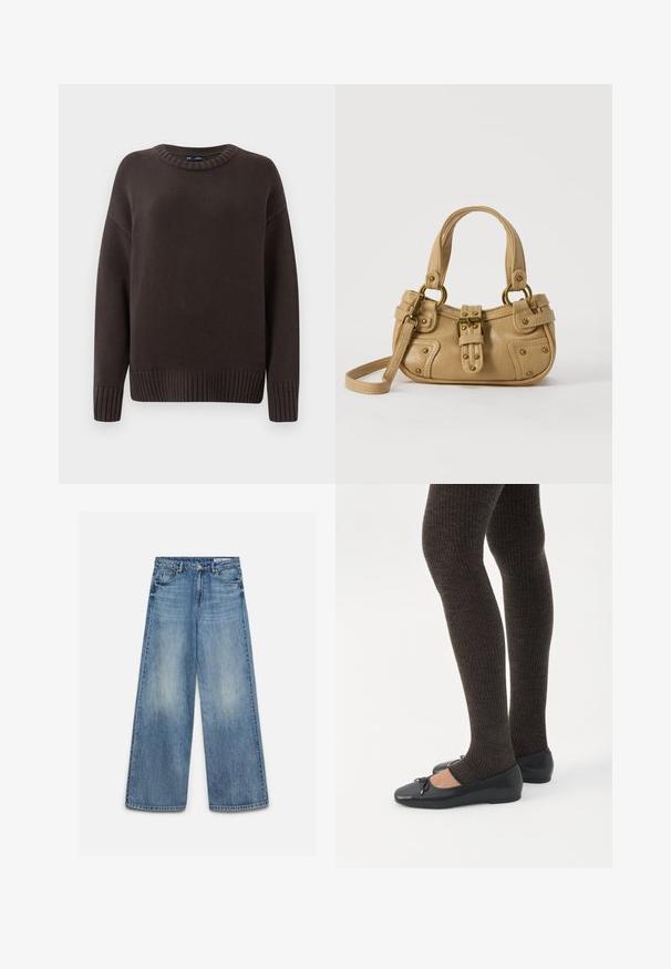 Un pull en tricot marron foncé avec des manches longues, des poignets et un ourlet côtelés, et un col rond sur un fond uni.; Jean en denim bleu à jambes larges avec un effet délavé à l'avant, bouton avant, fermeture éclair et poches avant avec passants de ceinture.; Jambes portant des leggings côtelés foncés associés à des ballerines noires avec de petits détails en nœud sur fond blanc.; Sac à main en cuir beige avec double poignées, boucle en laiton et détails rivetés, ainsi qu'une bandoulière réglable sur fond blanc.