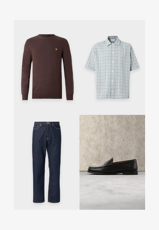 Suéter marrón hecho de tela de punto suave, con cuello redondo y mangas largas. Acento bordado de un pájaro amarillo en el pecho.; Camisa de manga corta con estampado a cuadros en azul y blanco, cuello abierto y botones blancos en la parte delantera.; Jeans de mezclilla azul oscuro con un diseño de pierna recta. Cuenta con un cierre de botón y cremallera, cinco bolsillos y detalles de costura en contraste.; Mocasín penny de cuero negro con tacón bajo, punta redondeada y detalles cosidos en la parte delantera y los laterales, mostrado sobre un fondo neutro.