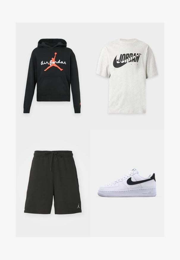 Sweat à capuche noir avec une poche avant, arborant un grand logo "Air Jordan" rouge et blanc ainsi qu'une silhouette rouge d'un joueur de basketball.; T-shirt gris clair à manches courtes avec le logo Nike noir et le texte "JORDAN AIR" à l'avant.; Shorts de sport noirs en tissu doux, dotés d'une taille élastique avec cordon de serrage, de poches latérales et d'un petit logo sur la jambe gauche.; Sneaker en cuir blanc avec un Swoosh noir texturé, des lacets plats et une semelle en caoutchouc avec un motif strié. "AIR" est embossé sur le talon.