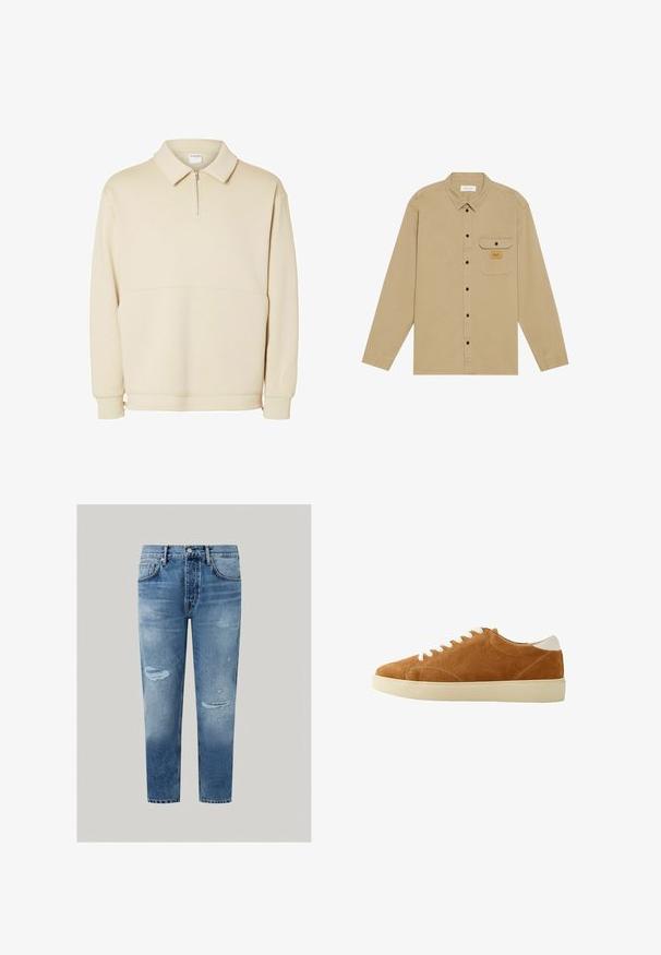 Beige pullover sweatshirt gemaakt van zachte stof, met een ritssluiting bij de hals, een kraag en een ontspannen pasvorm met een eenvoudig horizontaal naaddetail.; Beige lange mouw shirt van katoen, met een button-down kraag, zwarte knopen, een borstzak en een merketiket op de zak.; Lichtblauwe denim jeans met een slim fit, met versleten details, vervaging van donker naar licht, vijf-pocket ontwerp en een ritssluiting.; Bruine suède lage sneaker met witte veters en hielriem, beige rubberen zool en minimalistische stikdetails.