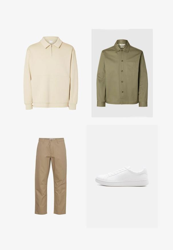 Beige pullover sweatshirt gemaakt van zachte stof, met een ritssluiting bij de hals, een kraag en een ontspannen pasvorm met een eenvoudig horizontaal naaddetail.; Olijfgroen shirt met lange mouwen, puntkraag, knopen aan de voorkant en een borstzak, op een effen lichte achtergrond.; Beige katoenen broek met een rechte pijp, voorzien van een knoop- en ritsluiting aan de voorkant, zijzakken en een nette afwerking.; Witte lage sneaker met veterluiting, glad leren bovenwerk en dikke rubberen zool, zijaanzicht op een effen achtergrond.