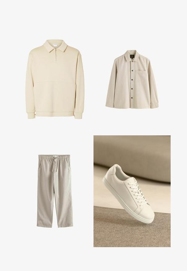 Beige pullover sweatshirts lavet af blødt stof, med lynlås i halsen, krave og en afslappet pasform med en simpel vandret sømdetalje.; Beige langærmet skjorte med knapper, krave og en brystlomme, lavet af et robust stof.; Beige fritidbukser med elastik i taljen, snøre, sidelommer, lige ben og knaplukning foran.; Hvide lædersneakers med hvide snørebånd, præsenteret på en beige tekstureret overflade og med en blødt uskarp baggrund.
