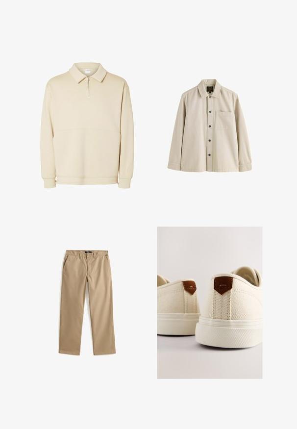 Beiger Pullover-Sweatshirt aus weichem Stoff mit einem Reißverschluss am Hals, einem Kragen und einem lässigen Schnitt mit einfachen horizontalen Nahtdetails.; Beiges Langarmhemd mit Knöpfen, Kragen und einer Brusttasche aus robustem Stoff.; Beige Chinos mit geradem Bein, gefertigt aus leichtem Baumwollstoff. Verfügen über zwei Vordertaschen und einen Knopfverschluss. Glatte Textur, minimalistische Details.; Leinenschuhe in Creme mit strukturierter Oberfläche, mit braunen Lederakzenten an der Ferse und einer Gummisohle.