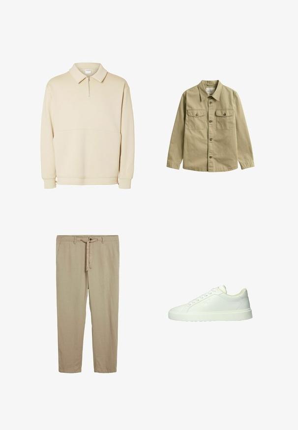 Beige pullover sweatshirts lavet af blødt stof, med lynlås i halsen, krave og en afslappet pasform med en simpel vandret sømdetalje.; Khaki langærmet skjorte med knapper, krave og to forlommer med knapklapper.; Lys beige bukser med en let struktureret stof, der har en frontknap, snoreliv og to sidelommer.; Hvid lavtop lædersneaker med snørelukning og flad gummisål, vist i profil vendt mod venstre på hvid baggrund.