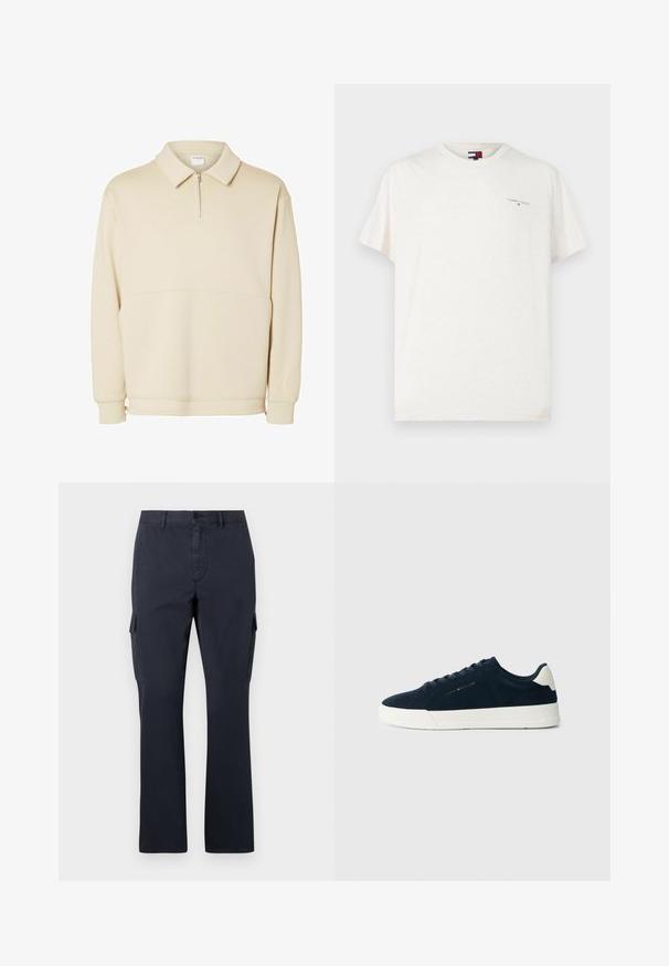 Beige pullover särk pehmest kangast, millel on lukuga kaelus, krae ja vabalt langev lõige koos lihtsa horisontaalse õmbluse detailiga.; Valge puuvillane T-särk lühikeste varrukatega, ümar kaelus ning väike trükine logo vasakul rinnal. Pehme tekstuur ja mugav lõige.; Tumesinine cargo püksid, mis on valmistatud puuvilla segakangast, küljetaskudega, sirge lõikega ning lame esiosa koos nupukinnitusega.; Tumesinine sametist sneaker valge kummist tallaga, ümar toe ja kontrastse kanna lipikuga; omaduseks on toon-tooniga paelad ja logo detail külgedel.